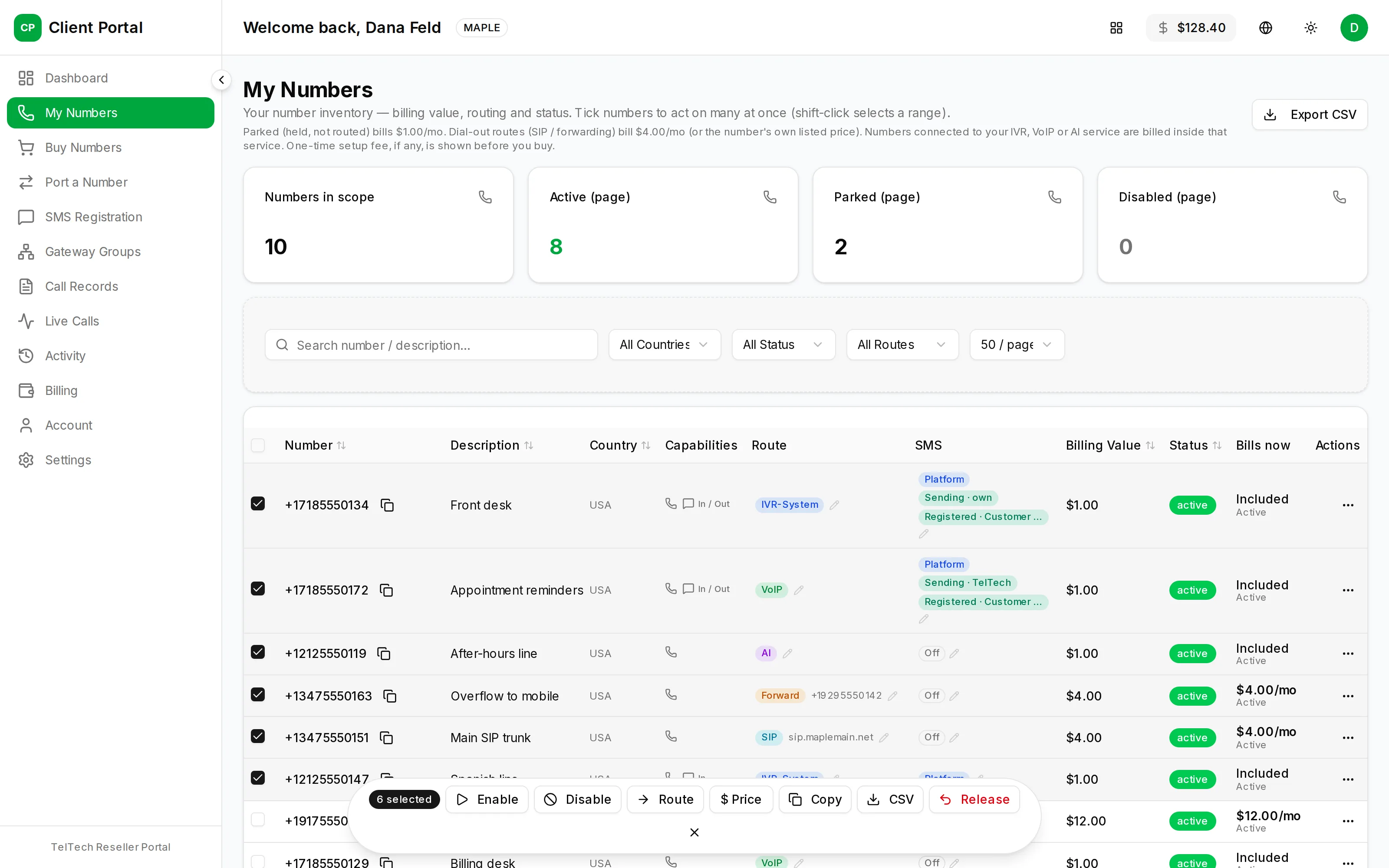 Many numbers selected at once, with the bulk actions bar ready to change route, price or status