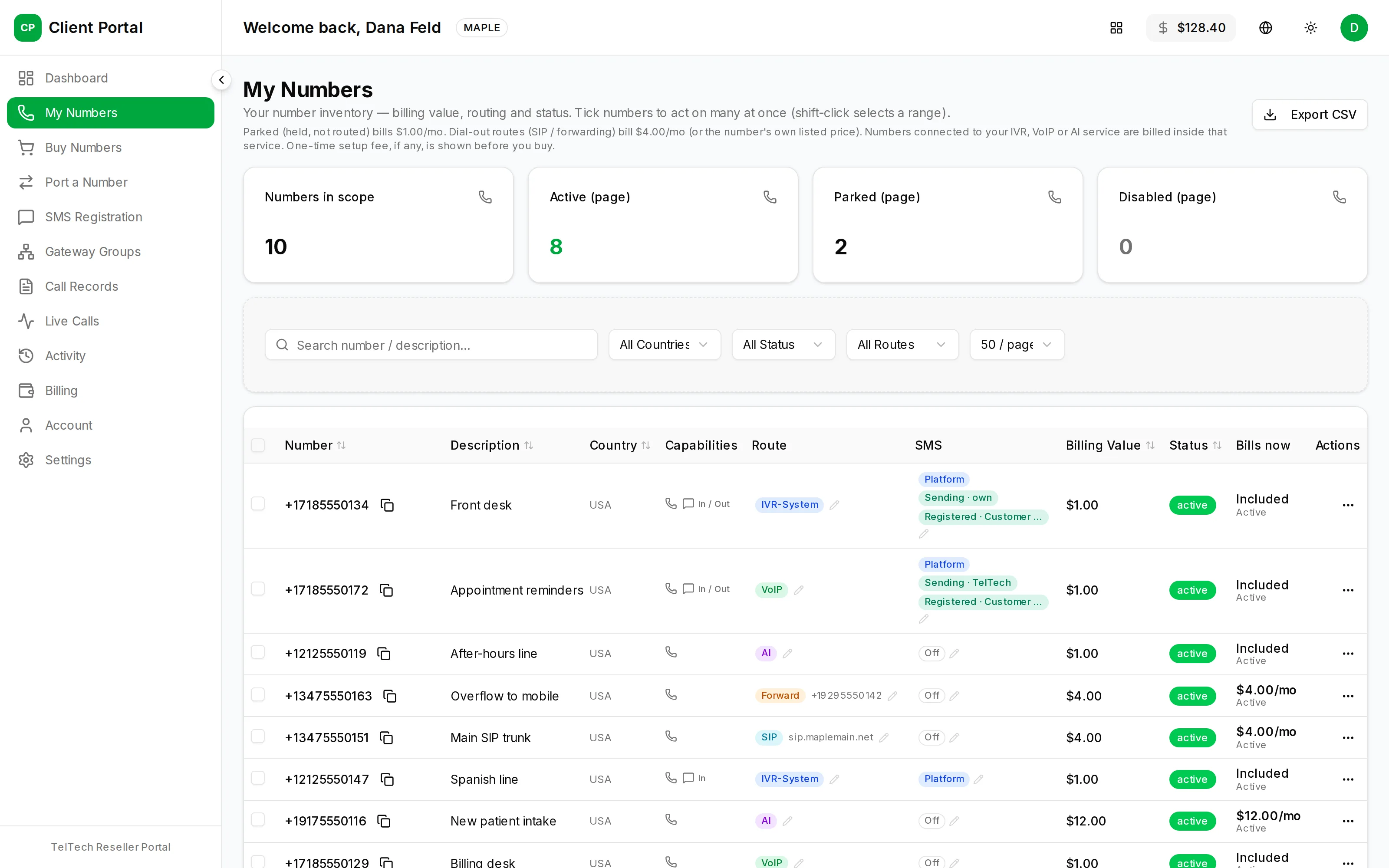 The numbers list: each number with its destination, status and price