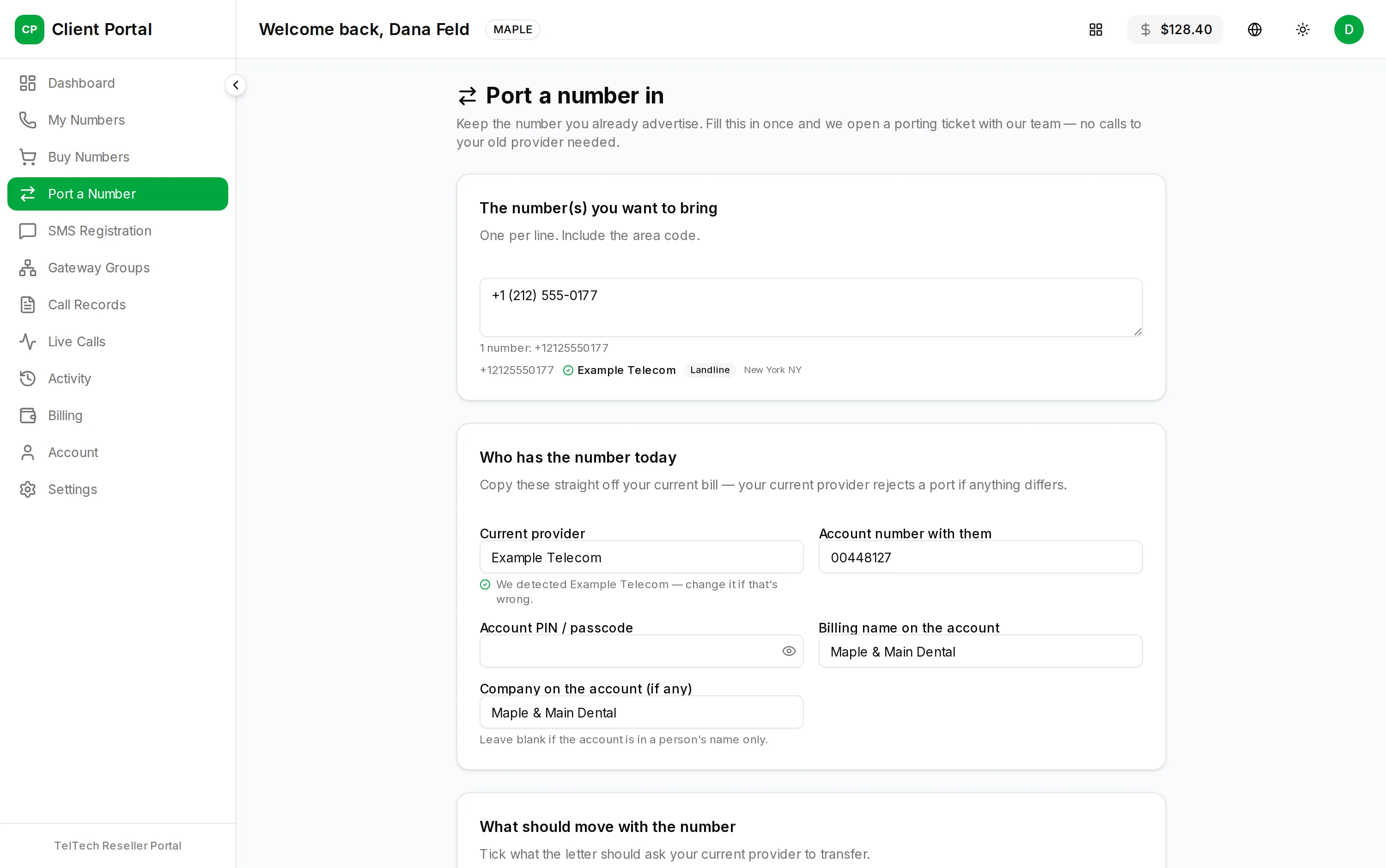 The port-in form: the number you're bringing, your current provider and the service address
