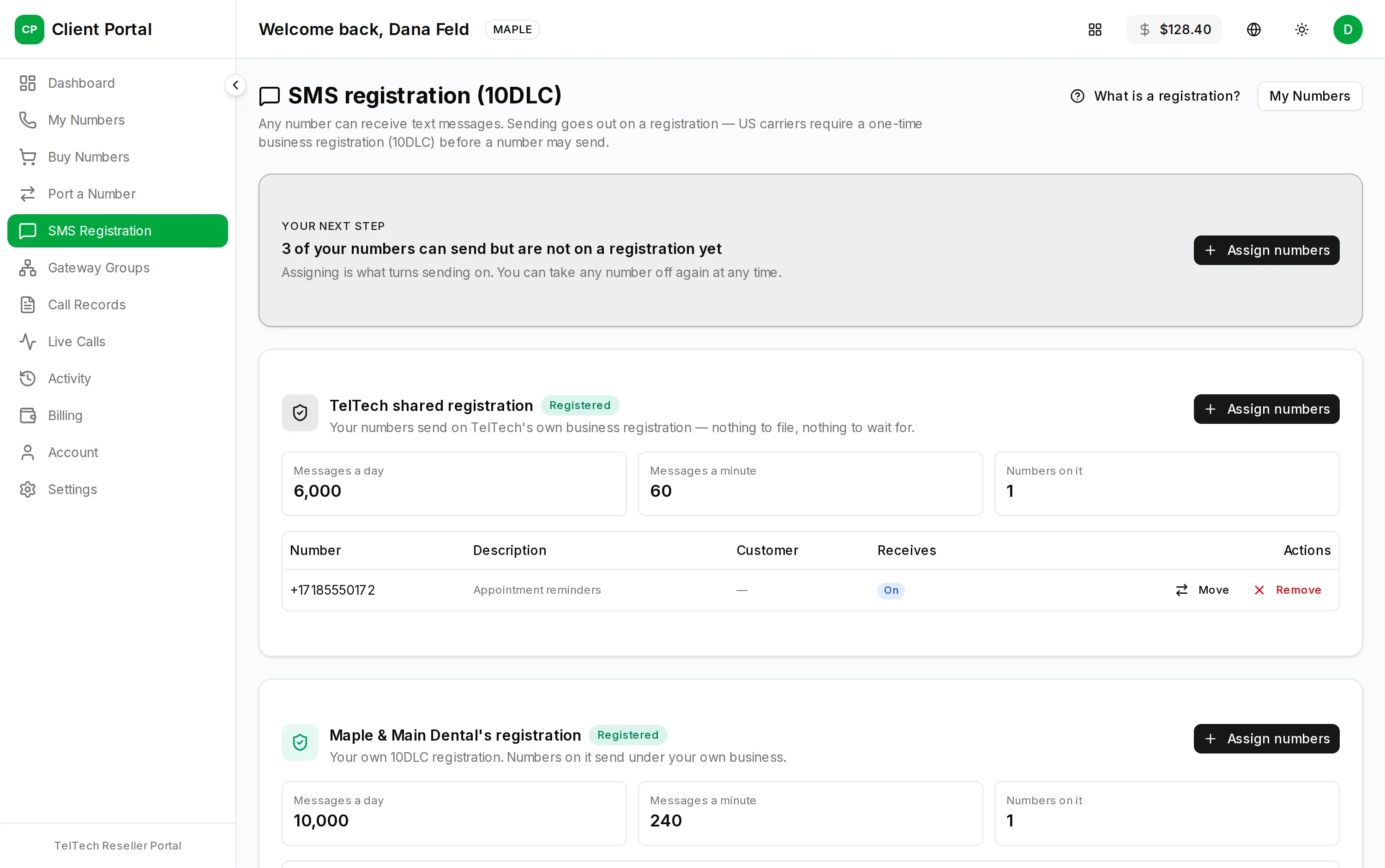 The SMS registration page showing your next step toward texting from your numbers